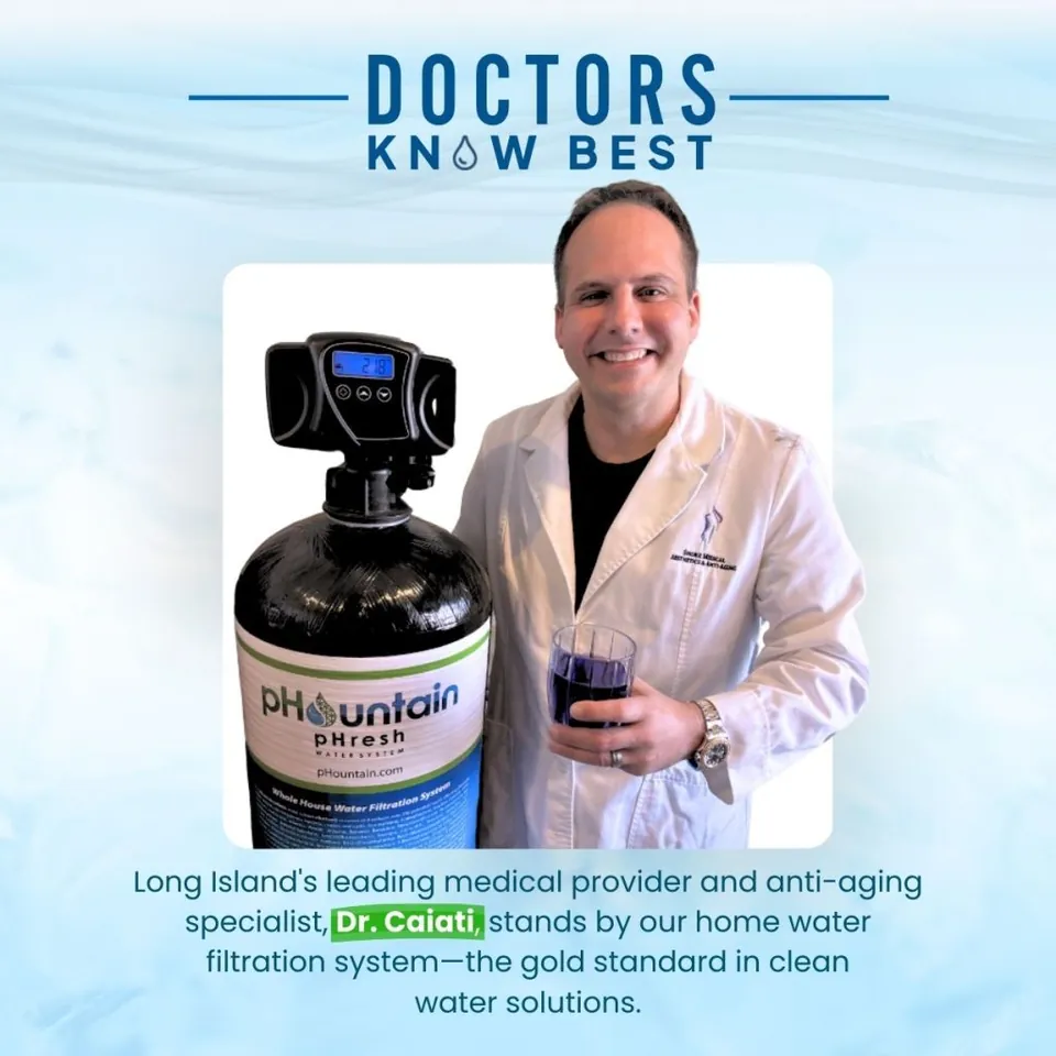 Dr. Robert Caiati in a white coat holding a glass of water beside a pHountain pHresh whole-home water filtration system, under the heading Doctors Know Best