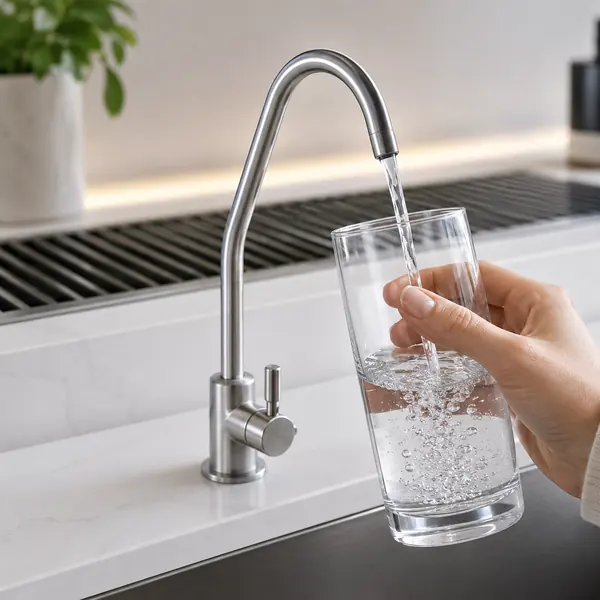 A glass being filled with clean, filtered water from an under-counter drinking water faucet