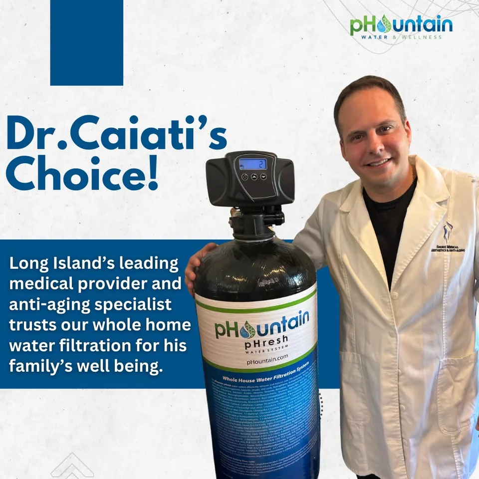 Dr. Robert Caiati in a white coat with his hand on a pHountain pHresh whole-home water filtration system, under the heading Dr. Caiati’s Choice!