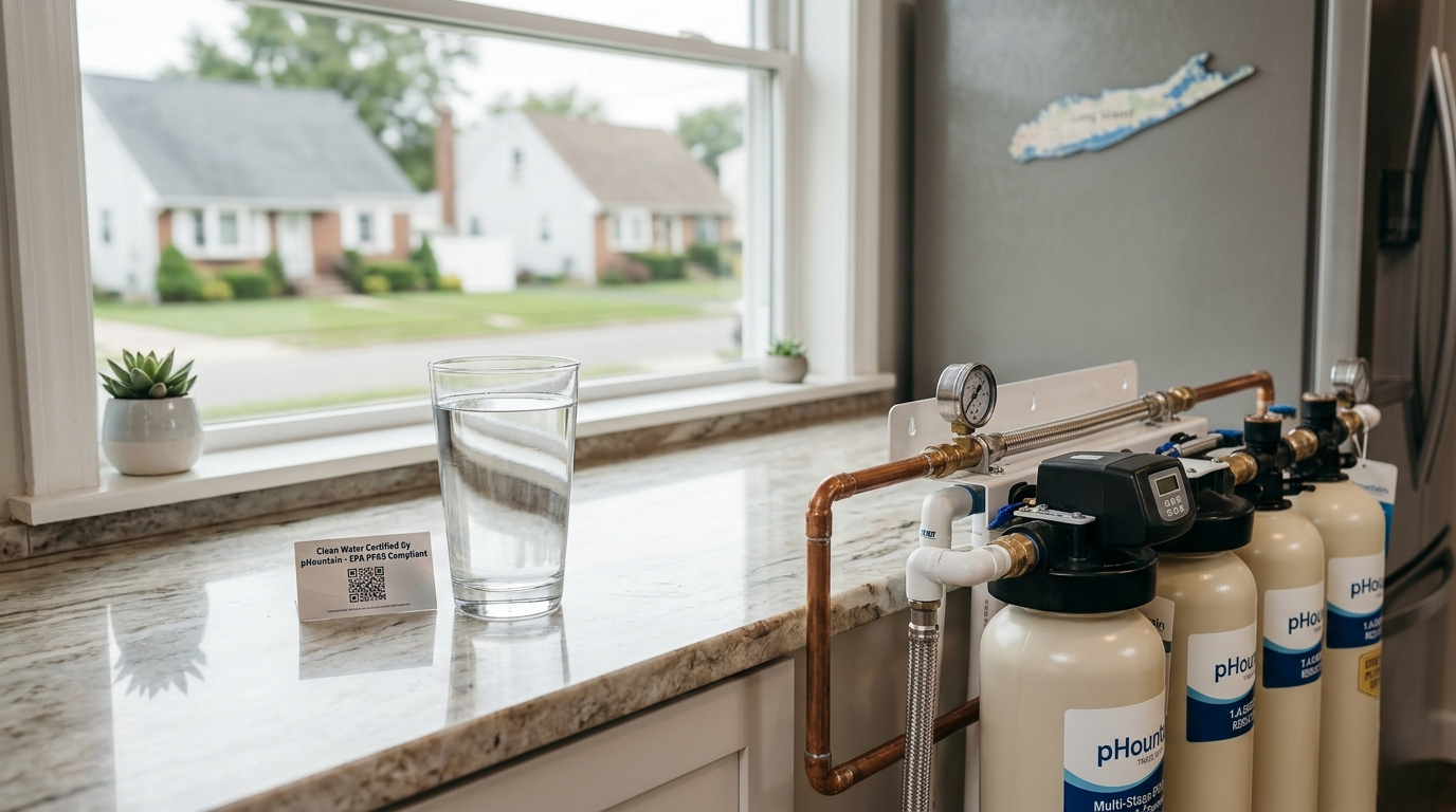 Glass of tap water on a kitchen counter in a Long Island home with a whole-house PFAS water filter system